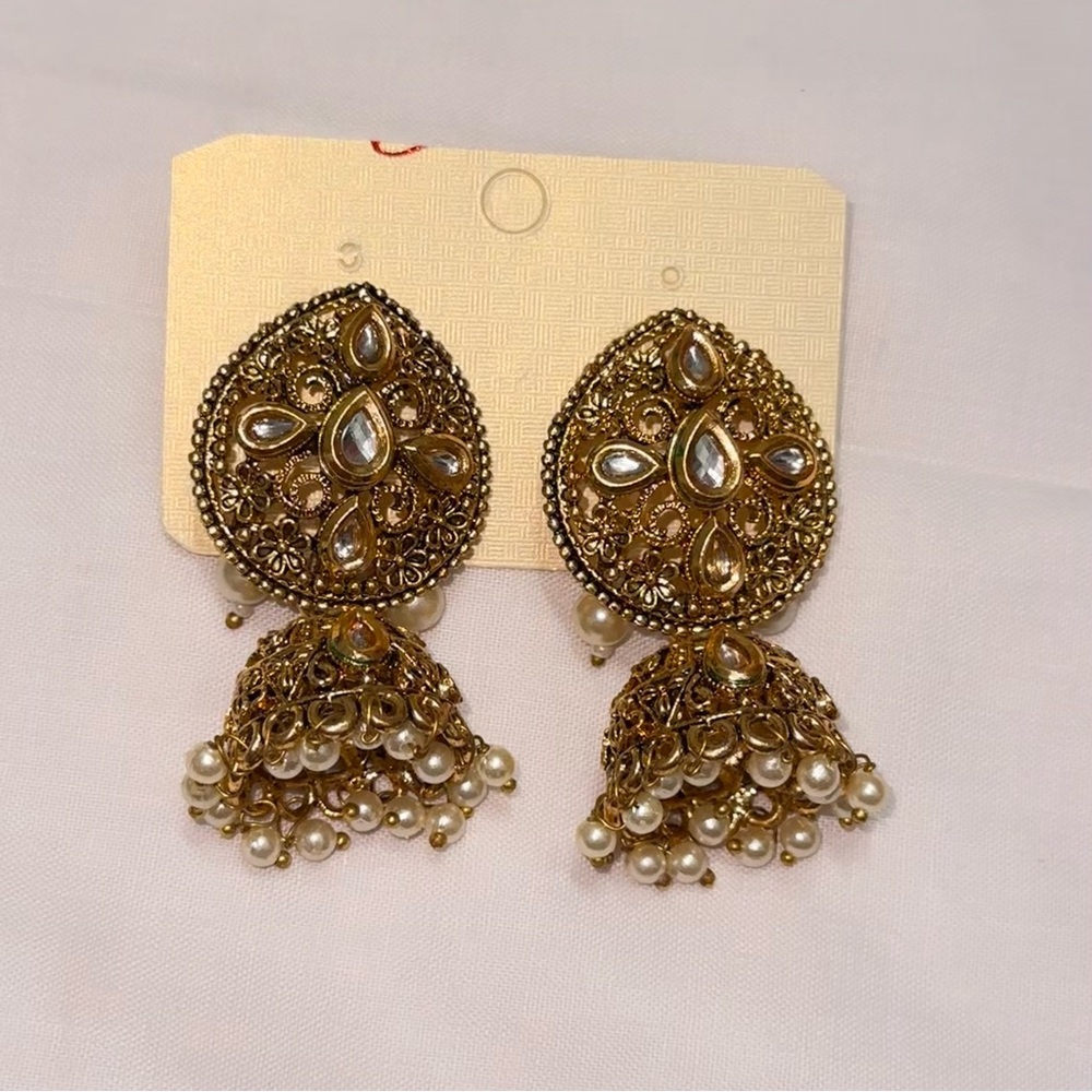 Jhumka Pearls Chandelier Earrings Vintage Gold Statement Boho Tribal Ear Jewelry